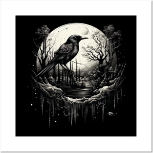 The Black Bird Is Sitting In The Shadow Of a Full Moon Posters and Art